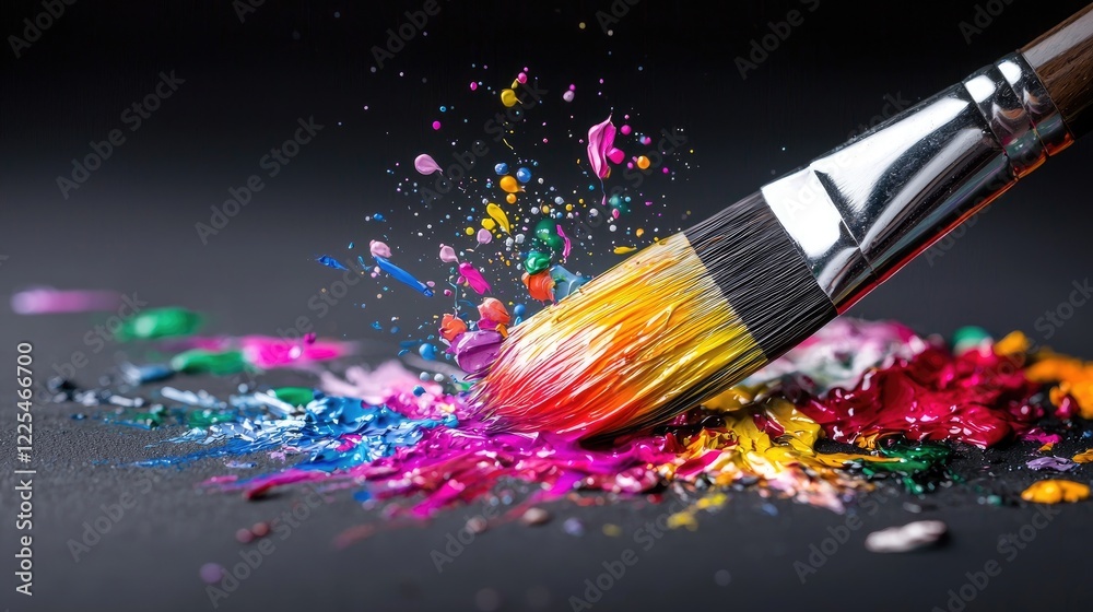 Fototapeta premium Colorful paintbrush explosion, creative process, art studio, vibrant background, artistic inspiration