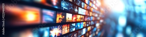 Numerous colorful panels showcase various media content in a contemporary setting, highlighting the dynamic nature of digital streaming experiences during a lively viewing session