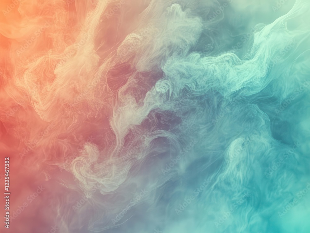 Obraz premium abstract fluid gradient background in coral and turquoise, dynamic swirling patterns, soft dreamy atmosphere, ethereal mist effects, delicate color transitions