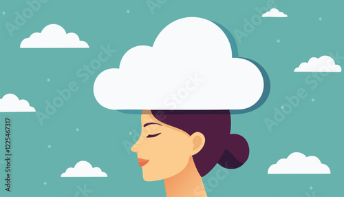 A man flies in the clouds, a girl's head is immersed in a white cloud with her thoughts.