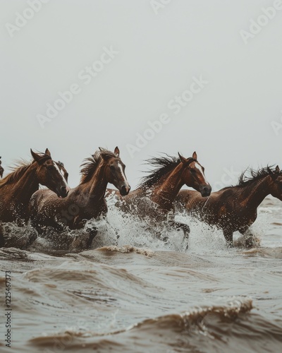 A herd of wild horses running through splashing water with dynamic motion and energy