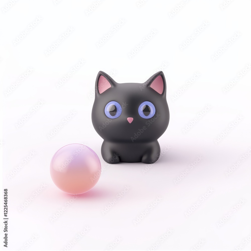 Fototapeta premium A cute black cat figurine with large blue eyes sits beside a soft pink pearl, exuding a playful and whimsical charm.