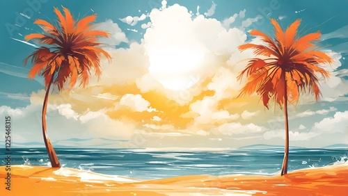 Summer and Travel concept design with tropical beach and palm trees