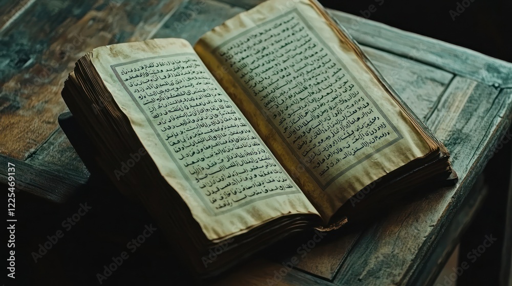 Fototapeta premium Ancient Arabic Text Open On Wooden Table