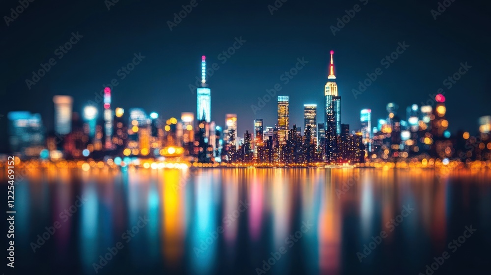 Fototapeta premium Nighttime Cityscape Illuminated Skyline Reflection