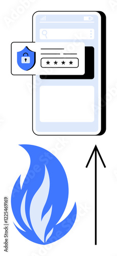 Smartphone screen displaying a password entry with security shield, blue flame below, and an upward arrow. Ideal for digital security, apps, user privacy, encryption, data protection, authentication