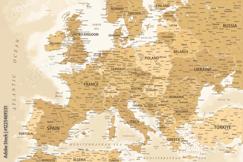 Europe Map Retro Vintage Ancient - stock vector golden colored illustration with layers