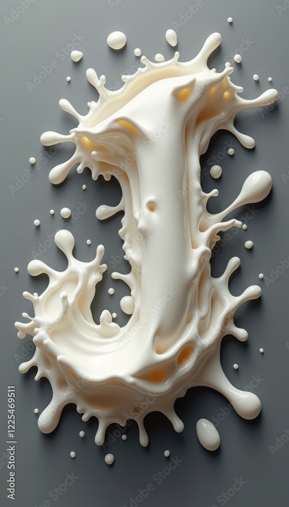 Obraz premium A captivating splash of creamy milk artfully shapes the letter J, creating a playful and dynamic visual. The smooth texture and glossy finish evoke a sense of freshness and vitality, making it perfect