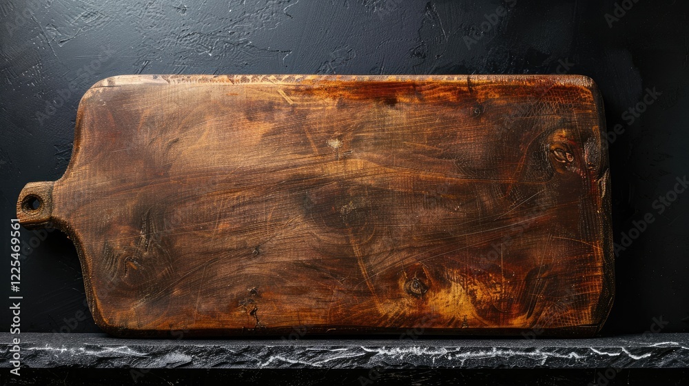 Obraz premium Wooden cutting board on gray stone surface against black background for food prep display.