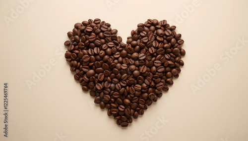 Heart shape made of coffee beans on a beige background