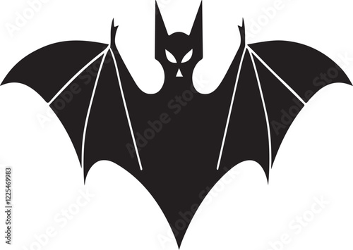 A sleek  minimalist digital illustration of a black bat with large  spread out wings