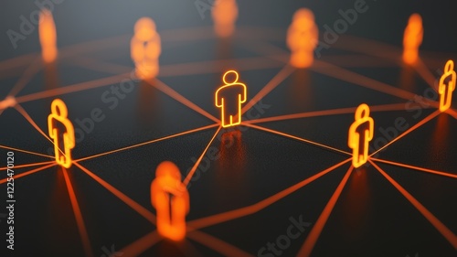 leadership skills andempathy concept. Digital network of interconnected figures highlighted in orange, symbolizing social connections and relationships.