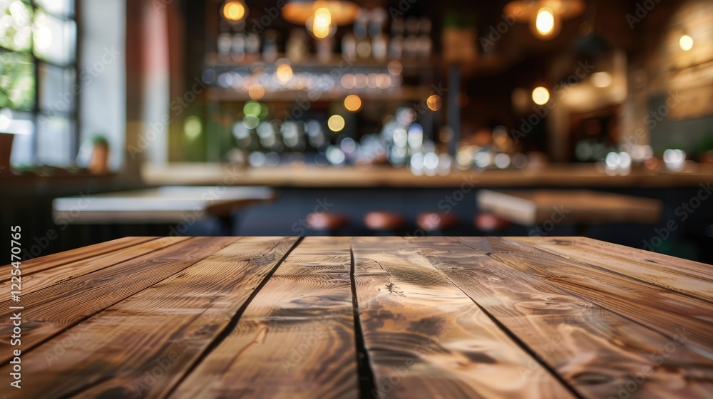Wooden Table with Blurred Background and Empty Counter in Restaurant Setting Wooden Table with Blurred Background and Empty Counter in Restaurant Setting