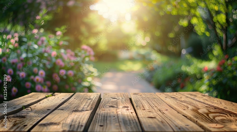 Wooden table with blurred garden background for displaying products or designs. Wooden table with blurred garden background for displaying products or designs.