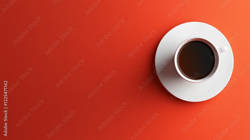 Coffee cup resting on vibrant red background with copy space Coffee cup resting on vibrant red background with copy space