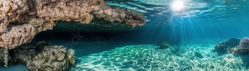 A serene underwater scene featuring clear blue water, sun rays filtering through the surface, and rocky formations creating a tranquil atmosphere.