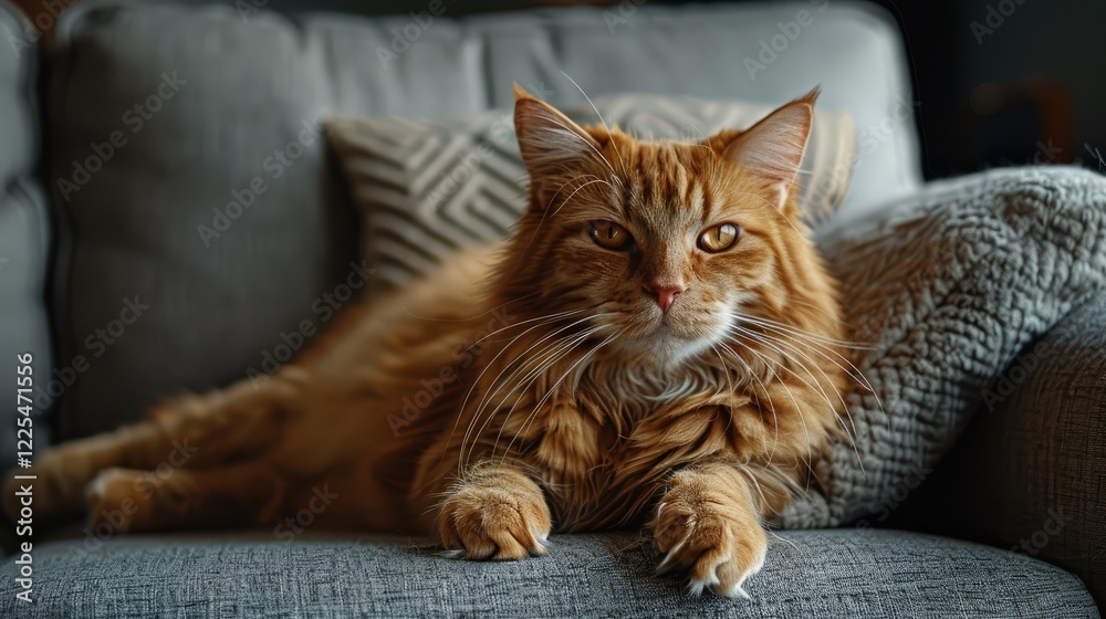 Obraz premium A ginger cat with sharp claws perches on a grey sofa.