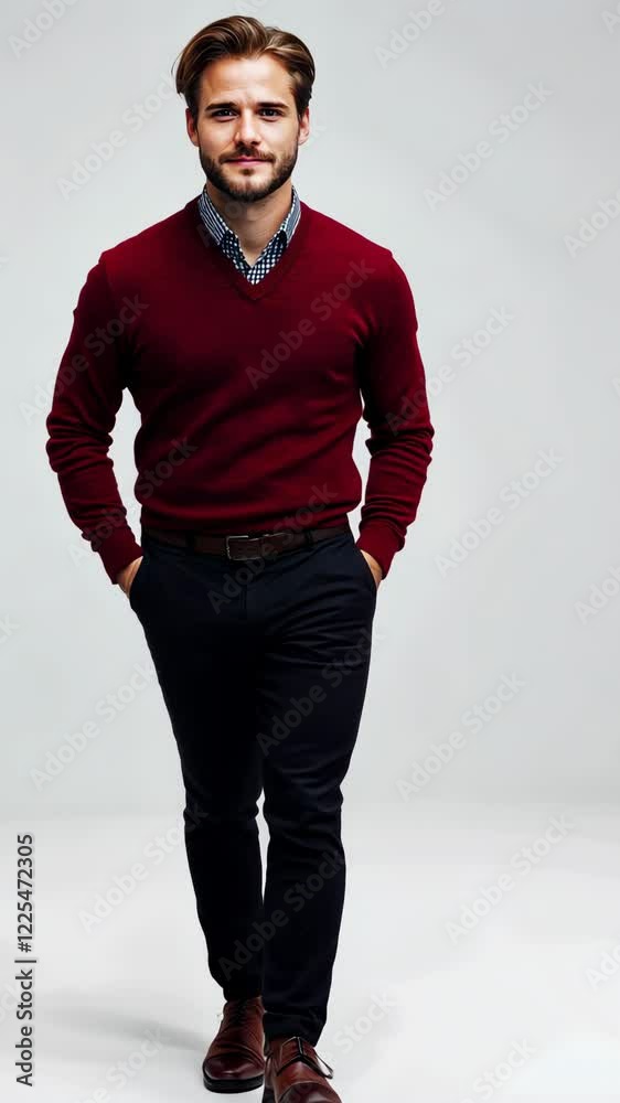 Confident young man in stylish attire walking towards the camera during a photoshoot in a studio setting Confident young man in stylish attire walking towards the camera during a photoshoot in a studio setting