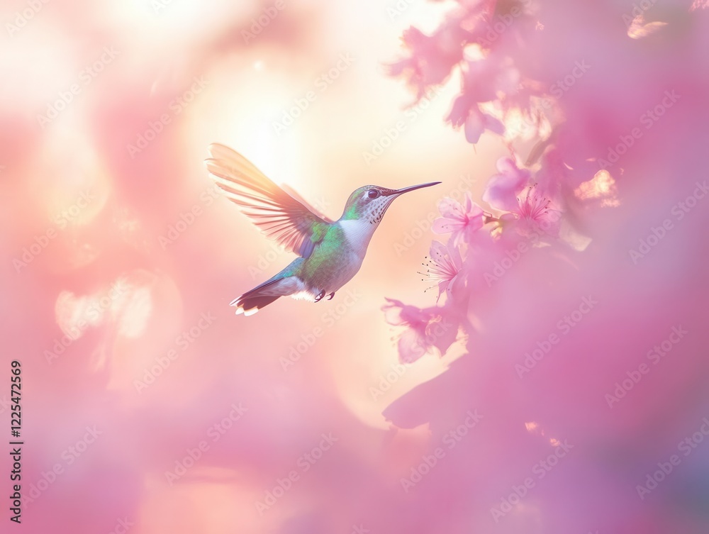 Naklejka premium ethereal capture of a ruby-throated hummingbird suspended mid-flight, wings creating a mesmerizing blur, metallic emerald plumage shimmering against soft-focus pink flowers at dawn