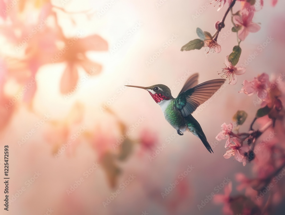 Naklejka premium ethereal capture of a ruby-throated hummingbird suspended mid-flight, wings creating a mesmerizing blur, metallic emerald plumage shimmering against soft-focus pink flowers at dawn