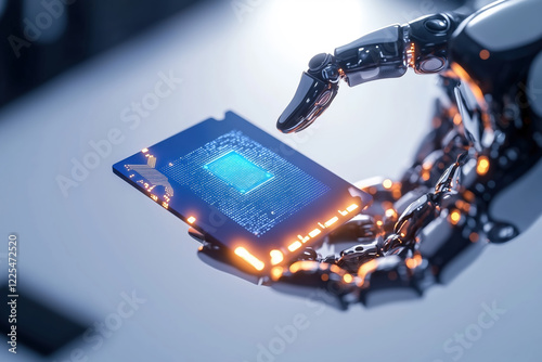 Metallic Robotic Arm Holding Glowing Blue Data Chip Representing AI Futuristic Technology and Digital Innovation