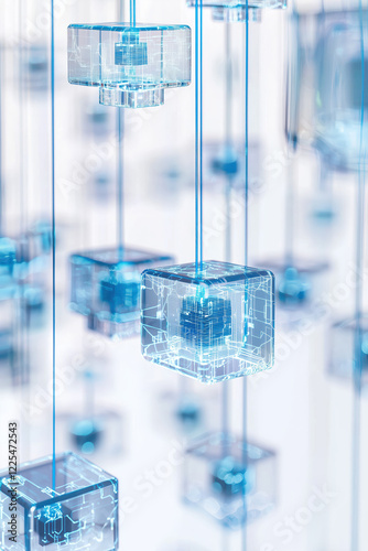 Abstract Futuristic Network of Translucent Geometric Cubes and Glowing Blue Lines Connecting Data System