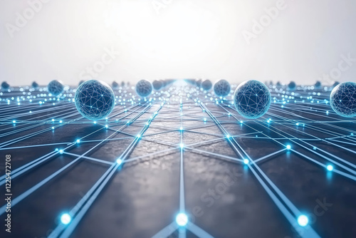 Abstract Glowing Blue Network of AI Agents Connecting Translucent Digital Spheres Representing Futuristic Technology and Global Communication