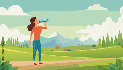 Vector illustration of a woman elegantly drinking water outdoors while walking or running