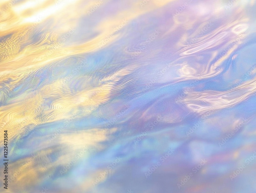 ethereal holographic texture with rippling waves, iridescent surface catching light, dreamy pastel gradient from violet to cerulean blue, soft yellow highlights