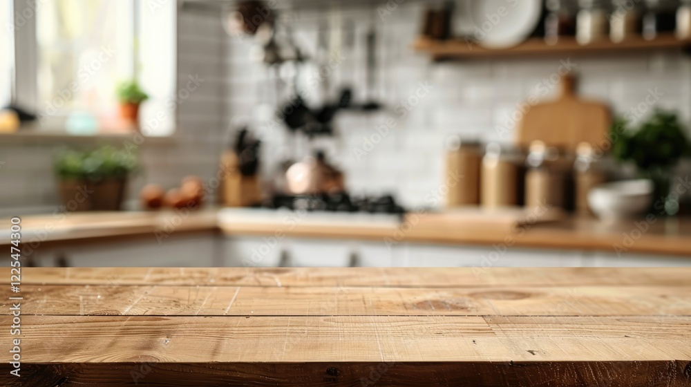 Blank wooden table with blurry kitchen items in the background, space for text Blank wooden table with blurry kitchen items in the background, space for text