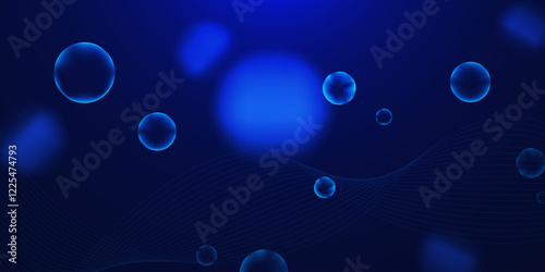 Futuristic and fuzzy bubbles with wave flow. Blue liquid bubbles on dark blue background