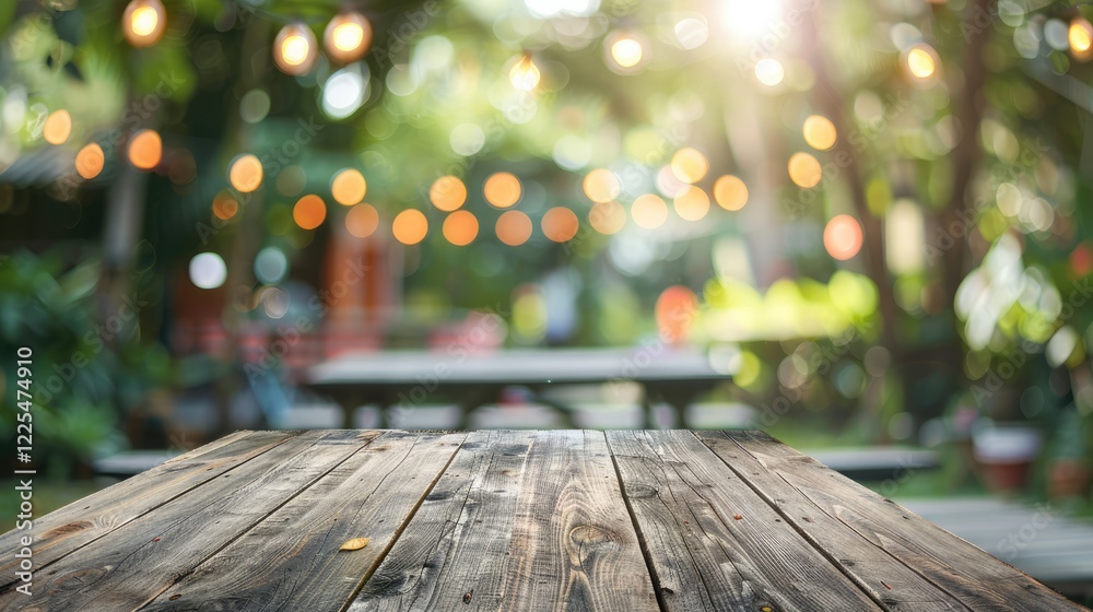 Blurred backyard party with vacant wooden table Blurred backyard party with vacant wooden table