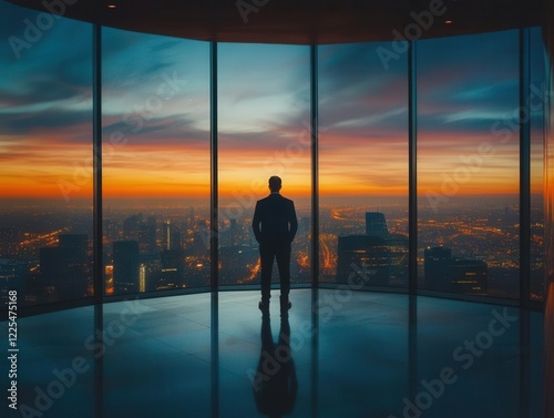 executive stands in dramatic silhouette against floor-to-ceiling windows overlooking city lights at dusk, modern office interior, contemplative pose reflects ambition and vision