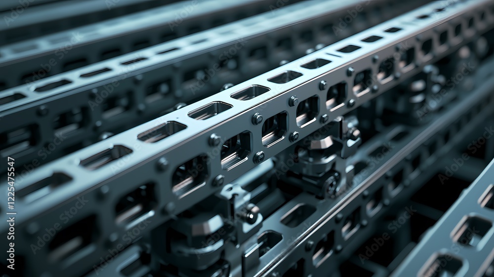 A close-up view of industrial metal tracks with perforations, showcasing intricate design and strong structural elements. A close-up view of industrial metal tracks with perforations, showcasing intricate design and strong structural elements.