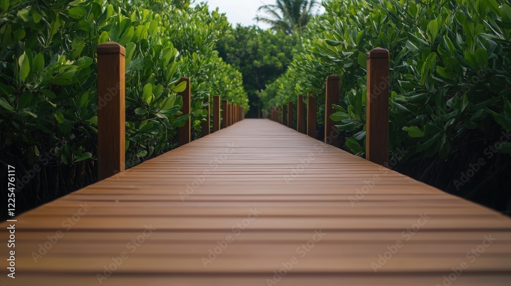A serene wooden pathway leads through lush greenery, inviting exploration in a tranquil natural setting. A serene wooden pathway leads through lush greenery, inviting exploration in a tranquil natural setting.