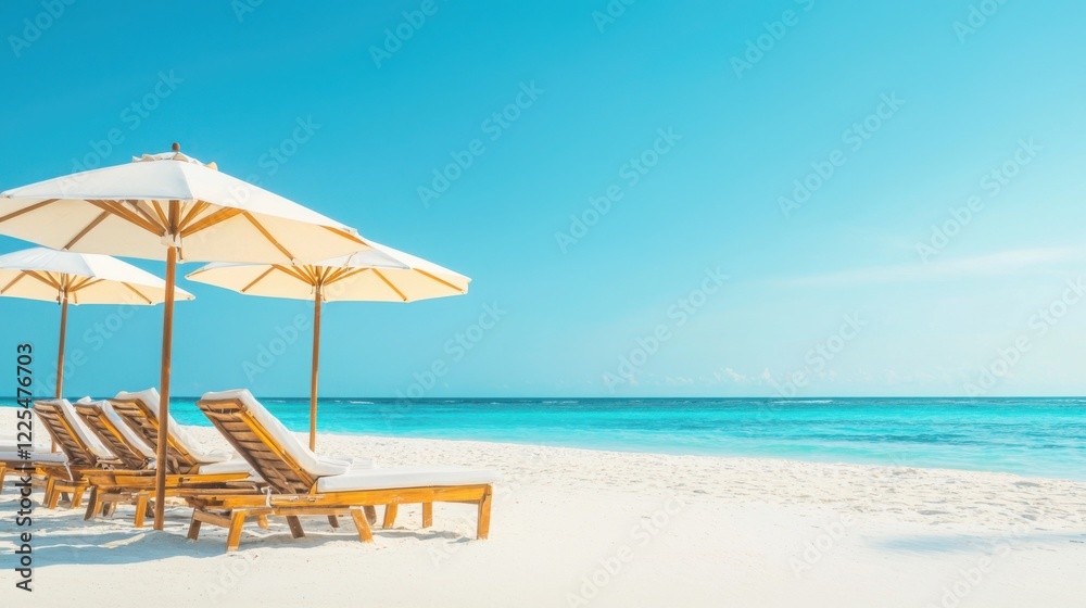 custom made wallpaper toronto digitalA serene beach scene featuring lounge chairs and umbrellas against a clear blue sky and sparkling ocean.