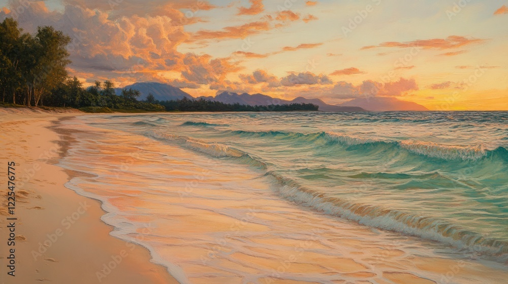 A serene beach at sunset, soft golden sands stretching to the horizon, vibrant coral reefs beneath crystal-clear waters, gentle waves lapping against the shore, and a pinkish-orange sky with clouds