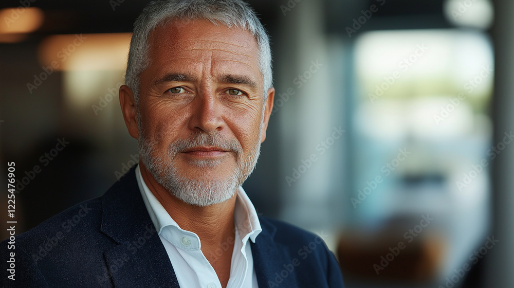 Fototapeta premium A seasoned male leader with short silver hair, wearing a dark blue blazer over a white shirt, standing in front of a softly blurred modern office setting, captured from the waist up with a polished