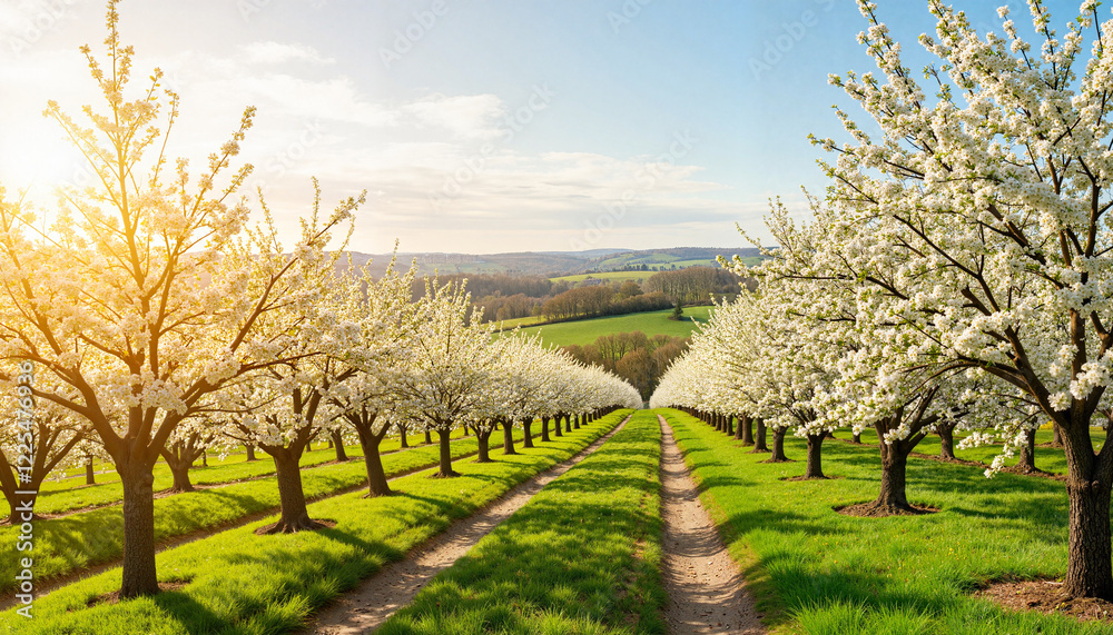 Blossoming apple orchards under gentle sunlight, fresh beginnings Blossoming apple orchards under gentle sunlight, fresh beginnings