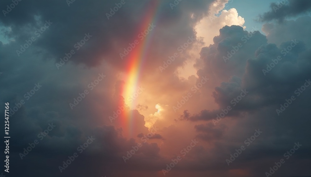 Fototapeta premium Bold rainbow with intense colors over stormy sky, dramatic lighting with sun rays piercing through dark clouds 