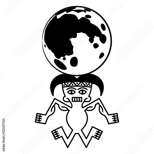 Stylized human figurine holding full moon. Indian lunar deity. Indigenous Native American design from ancient Peru. Recuay culture. Black and white silhouette.