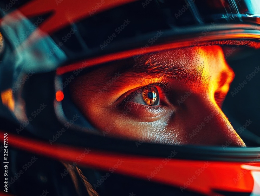 intense close-up of a formula 1 driver's eyes through helmet visor, reflecting determination and focus, bathed in dramatic pre-race lighting intense close-up of a formula 1 driver's eyes through helmet visor, reflecting determination and focus, bathed in dramatic pre-race lighting