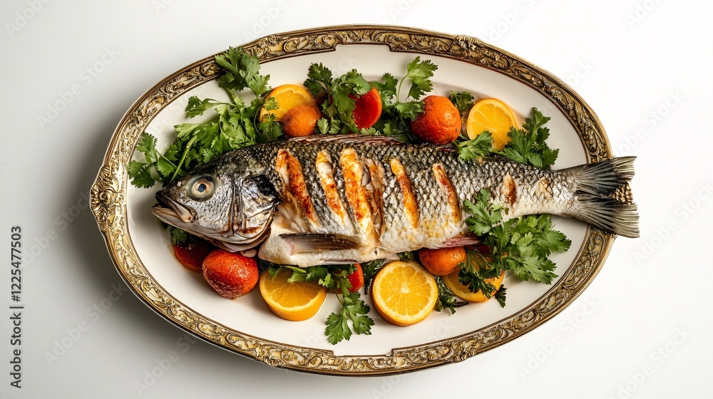 Grilled Whole Fish Garnished with Fresh Herbs and Citrus Fruits Grilled Whole Fish Garnished with Fresh Herbs and Citrus Fruits