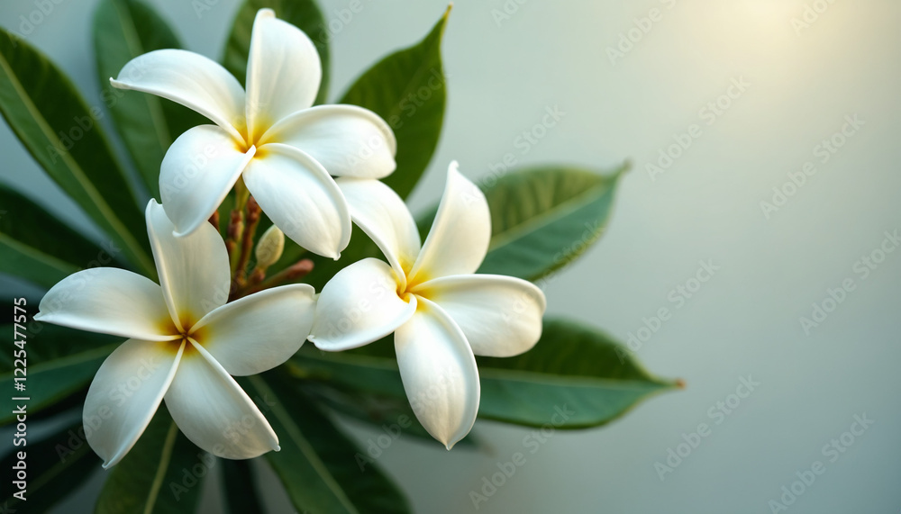 Close-up of delicate Plumeria flowers in bloom, bright white petals and green leaves, soft natural light emphasizing purity and elegance Close-up of delicate Plumeria flowers in bloom, bright white petals and green leaves, soft natural light emphasizing purity and elegance