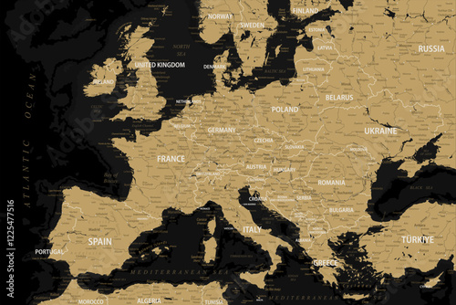 Europe Map Retro Vintage - stock vector colored illustration with layers in black and golden colors