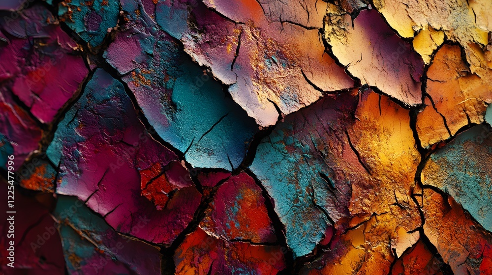 Fototapeta premium Colorful Abstract Texture of Cracked Paint Surface in Rich Hues