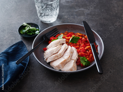 Sliced cooked chicken breast garnished with fresh herbs sits next to a vibrant vegetable bean stew on a stylish plate. A glass of water completes the setup photo