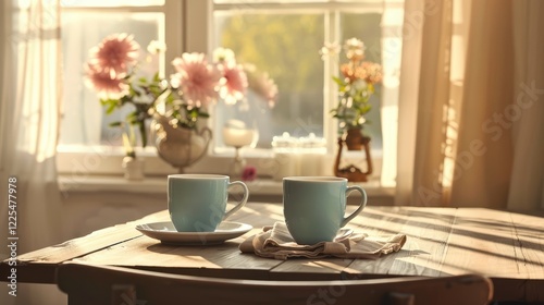 Wallpaper Mural Coffee Cups on Cozy Kitchen Table for Morning Relaxation Torontodigital.ca