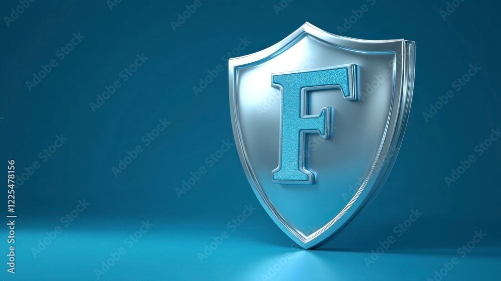 A silver shield with the letter F in light blue on it, on an icon background, in a simple and cute style, with a 3D game art style, a minimalist cartoon design, made of white acrylic material A silver shield with the letter F in light blue on it, on an icon background, in a simple and cute style, with a 3D game art style, a minimalist cartoon design, made of white acrylic material