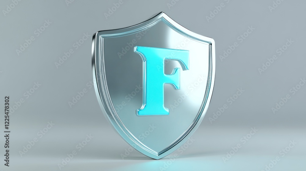 A silver shield with the letter F in light blue on it, on an icon background, in a simple and cute style, with a 3D game art style, a minimalist cartoon design, made of white acrylic material A silver shield with the letter F in light blue on it, on an icon background, in a simple and cute style, with a 3D game art style, a minimalist cartoon design, made of white acrylic material